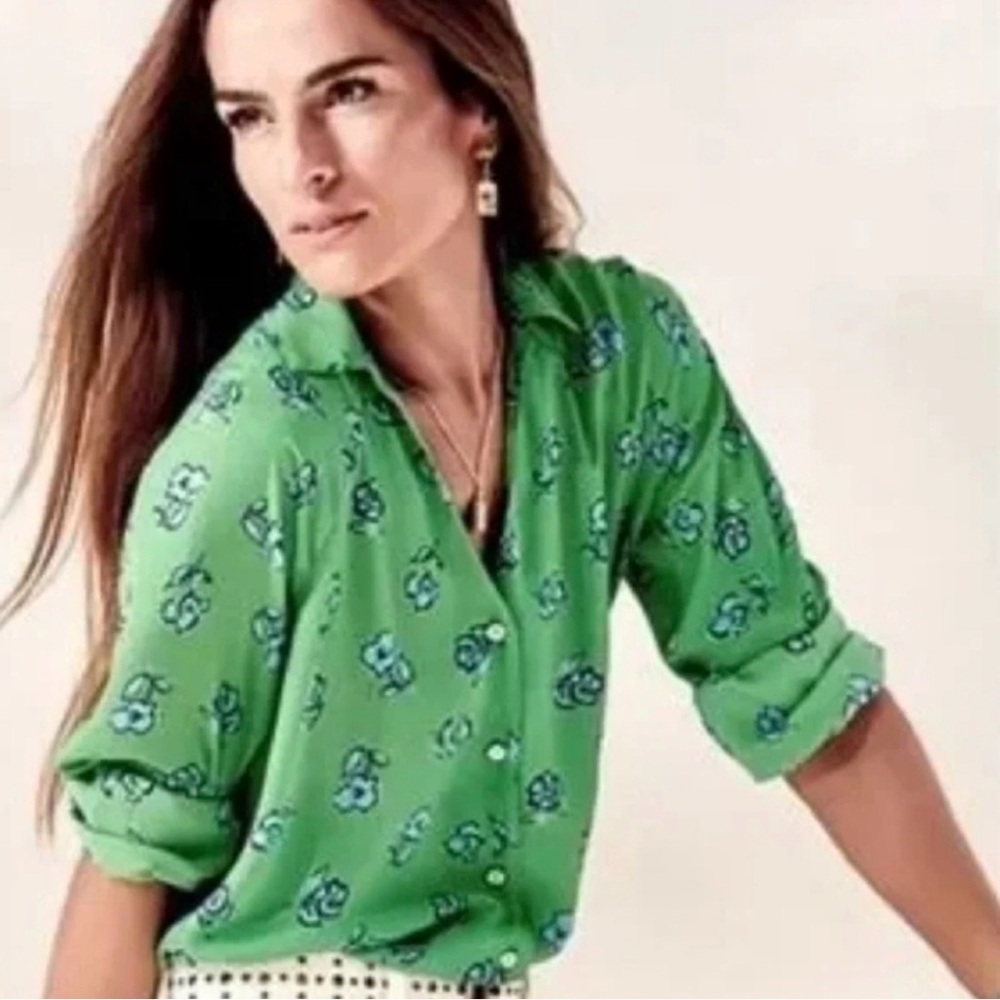 CAbi #5891 Small Go To Blouse Green Blue Floral Button Front Collar Colorful
